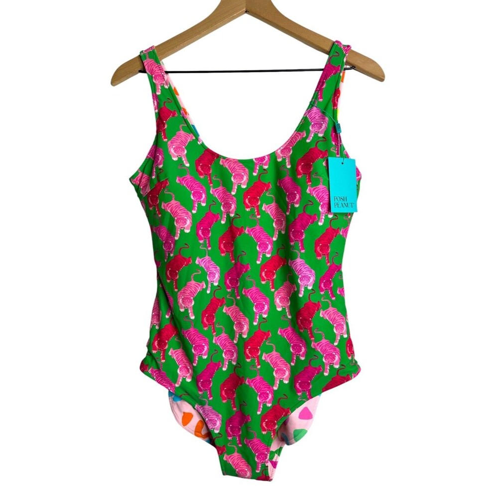 Posh Peanut One Piece Reversible Swimsuit Green Pink Tiger Abstract NWT Scoop - Picture 2 of 11